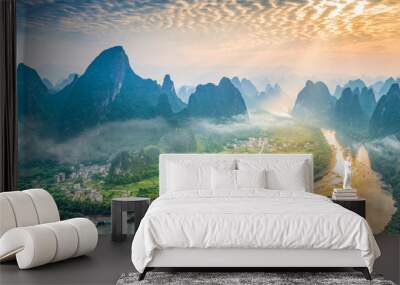 Landscape of Guilin. Li River and Karst mountains in the morning. Located near Xingping, Yangshuo, Guilin, Guangxi, China. Wall mural