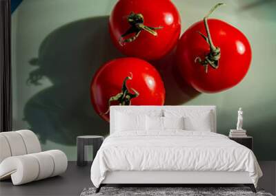 Three red tomatoes lie on a plate in the sunlight. Wall mural