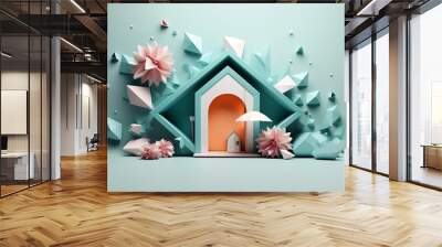 3d render of a blue house with pink flowers and geometric shapes Wall mural