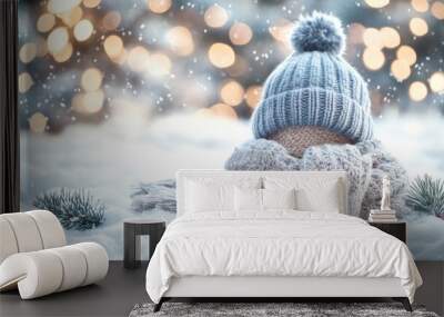 Cozy Winter Accessories on a Snowy Background Wall mural