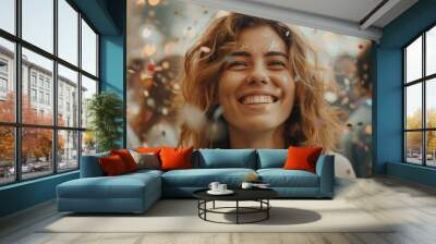 Exuberant young woman with a captivating smile celebrating with flying confetti, capturing a moment of pure joy. Wall mural