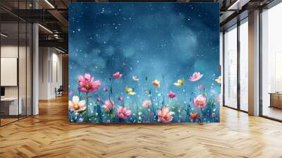 Flowers sky grass stars flat design top view galaxy garden theme water color Splitcomplementary color scheme Wall mural