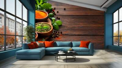 Fresh herbs and spices arranged on a wooden board, minerals, balanced diet Wall mural