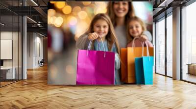 Happy family holding a shopping bag with customer service stickers, symbolizing great retail experience Wall mural