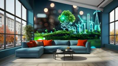 Smart gadgets monitoring ecofriendly industrial processes, green industry Wall mural