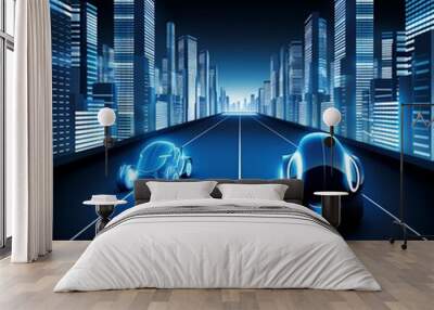 The image shows a futuristic city with blue glowing skyscrapers and two cars racing through the city. Wall mural