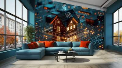 A house is built on a circuit board. The house is lit up with lights and has a solar panel on the roof Wall mural