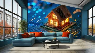 A house is built on a circuit board. The house is lit up with lights and has a solar panel on the roof Wall mural