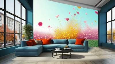 
A creative love concept featuring fresh spring flowers bursting into an exploding bouquet against a sky background, celebrating love and the spirit of Valentine's Day. . Copy space for text.  Wall mural