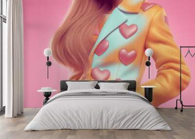 A portrait of a modern, beautiful young girl standing and posing in a vibrant Valentine's Day outfit, featuring a colorful coat adorned with heart prints. Wall mural