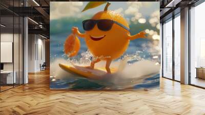 An orange wearing sunglasses is surfing on a surfboard, surrounded by waves, water, palm trees, and sun Wall mural