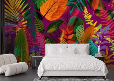 Seamless pattern tropical background, illustration of exotic summer leaf and plants in vivid colorful colors, flat lay. Generative AI. Wall mural