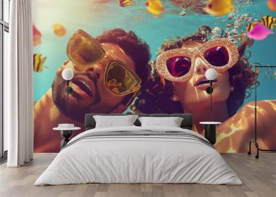 Underwater selfie of a guy and a girl, a couple enjoying a vacation in the water, with cheerful diving goggles, ready for a summer party. Summer portrait of a love affair. Wall mural