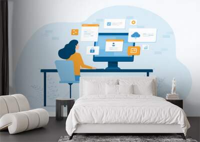  flat vector business people working online at home office on web monitor dashboard with internet network connection technology concept Wall mural