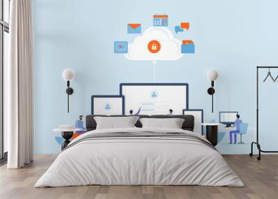 business Flat vector design technology cloud computing service concept with developer team working concept Wall mural