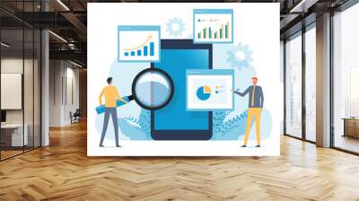 business people analytics and monitoring report dashboard on mobile phone application monitor concept and flat vector illustration design data analytics research for business finance planning. Wall mural