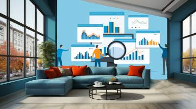 business team analytics and monitoring on web report dashboard monitor concept and flat vector illustration design data analytics research for business finance planning. Wall mural