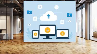 Business technology cloud server backup  service concept with cloud connect concept
flat vector design cloud computing connect and security concept
 Wall mural