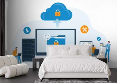 business technology cloud server security. online storage backup. with administrator and developer team management  data upload on cloud storage concept. flat vector illustration design.
 Wall mural