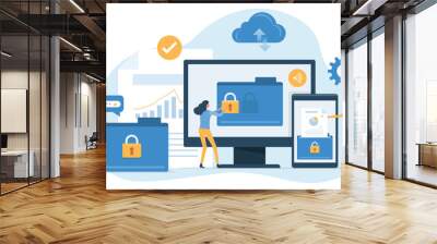 business technology cloud server security. online storage backup. with administrator and developer team management  data upload on cloud storage concept. flat vector illustration design.
 Wall mural