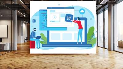 developer and designer team build online website and flat vector illustration design for web landing banner background concept   Wall mural