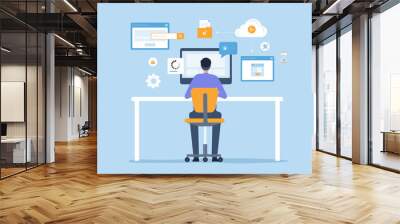 flat vector business man working on monitor computer and design concept technology smart working online connect to cloud server network anywhere concept Wall mural