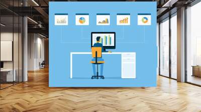 Flat vector business man working online and business data analytic on graph report monitor and finance investment planning concept Wall mural