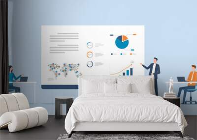 flat vector business team meeting and training collaboration with Business man 
 presentation infographic data on projector screen dashboard concept
 Wall mural