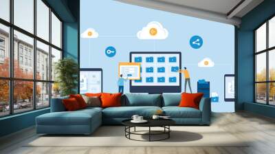 flat vector business technology document management system storage backup concept and cloud server service with administrator and developer team working concept Wall mural