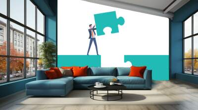 flat vector design concept businessman solve business problems. And a man hold puzzle jigsaw piece and working concept  Wall mural