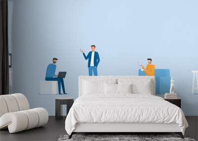 flat vector design smart working concept people working online form anywhere with technology connection  Wall mural