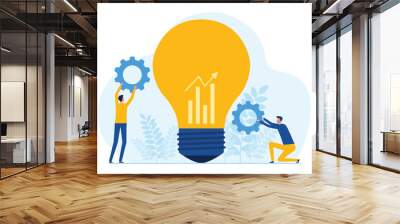 Flat vector illustration business team meeting for brainstorming and business creative process and concept with two businessman hold gear beside lightbulb
 Wall mural