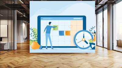 Flat vector illustration design Business planning concept and Business people team working with digital online calendar Wall mural