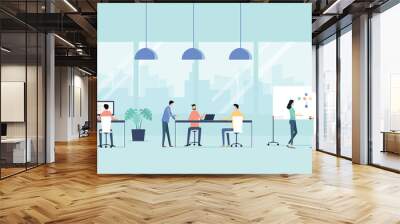 flat vector illustration group business team meeting  and working  collaboration in office workplace concept  Wall mural