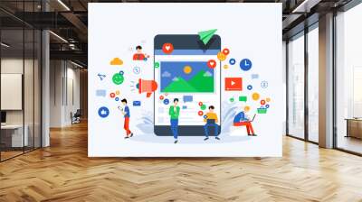 flat Vector illustration social media  and digital marketing  online connection concept with business people character use mobile  concept  Wall mural