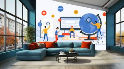 flat Vector illustration  technology business research , learning and online education concept with people business team working concept Wall mural