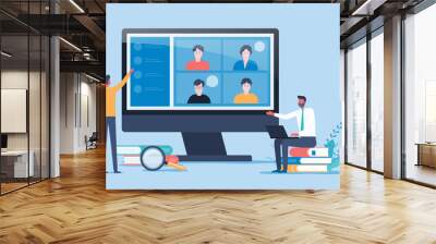 flat vector people online video conference for meeting with remote technology working and people work from home and business smart working online connect anywhere concept Wall mural