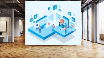 isometric mobile application and web design development process concept and group business team working Wall mural