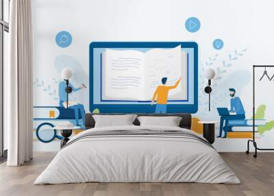 online education and E-learning at home with online video training concept. people use computer for online reading and online library. Flat vector illustration design. Wall mural