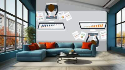 two businessman  analytics  investment and finance graph report  on monitor concept and business team working concept
 Wall mural