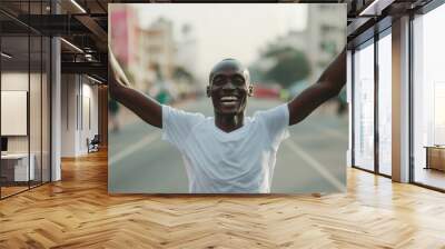 Joyful athlete celebrating victory, exuberant smile, energetic pose, vibrant scene capturing the thrill of triumph and achievement. Wall mural