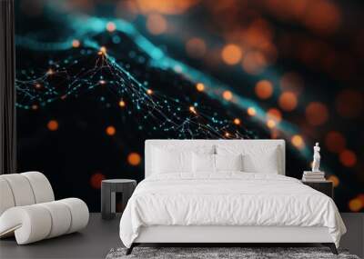 Neon Energy Connections, vibrant glowing dots intertwining in a cybernetic landscape, pulsating with dynamic energy and futuristic allure. Wall mural