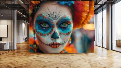 Haunted carnival watercolor makeup, eerie colors, spooky fairground Wall mural