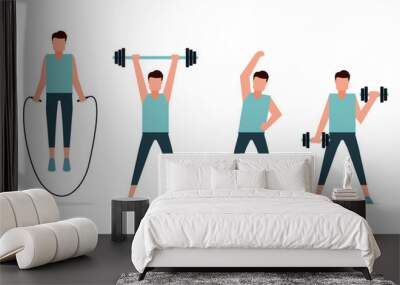 Men who are exercising to stay healthy. Physical training. Exercise equipment. stretching, jumping rope, weight lifting, and sports. Vector illustration flat design style Wall mural