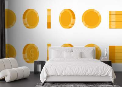 Set of rotating gold coins isolated on a white background. Set of icons of gold coins rotating in different angles for animation. Set of gold coins. Dollars. Flat vector illustration. Wall mural