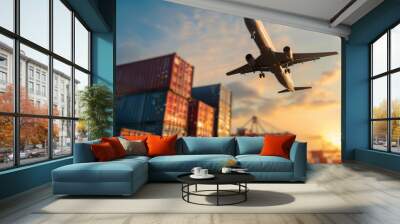 A cargo plane flying over an industrial port with stacks of freight containers below, illustrating the integration of air and sea freight in global trade. Wall mural