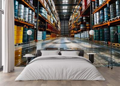 A chemical storage warehouse with rows of shelves filled with drums and containers of various chemicals Wall mural