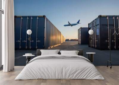 A row of freight containers lined up on the tarmac, with a cargo plane in the background, showcasing the logistics chain from storage to transportation Wall mural