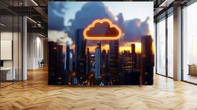 Cloud storage icons floating above a digital cityscape, representing the integration of cloud computing in modern infrastructure Wall mural