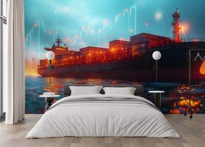 Container cargo ship, double exposure withgraph chart of stock market Wall mural